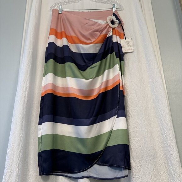 NWT Jaclyn Smith Stripe Buckle Wrap Satin Midi Skirt Size Large - Picture 1 of 12